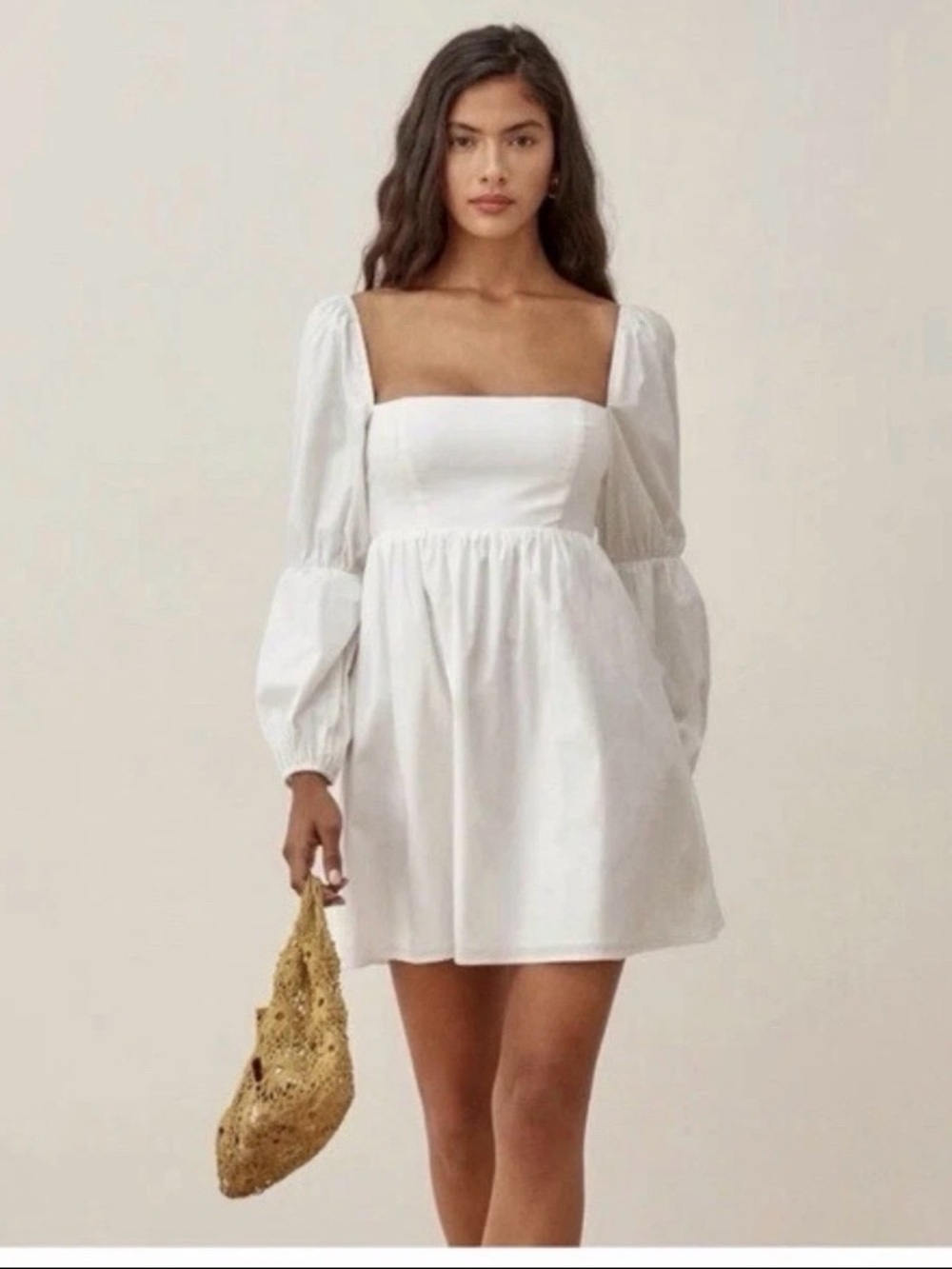 Reformation White Square-Neck Puff Sleeve Mini Dress